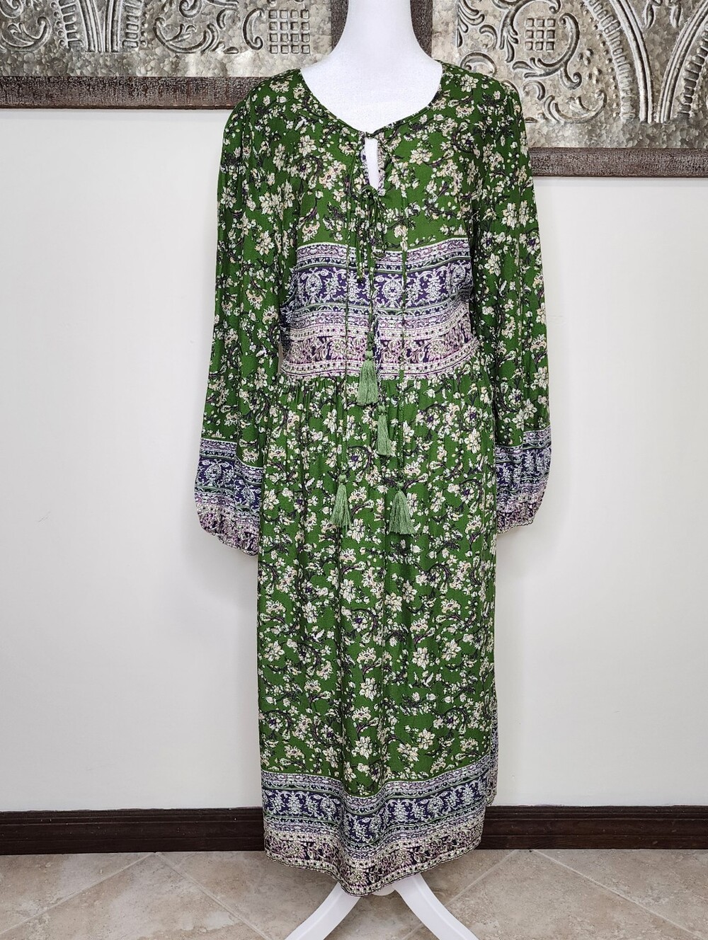 Luxology Green Floral Boho Maxi Dress with Tassel Tie Large Cottagecore Casual